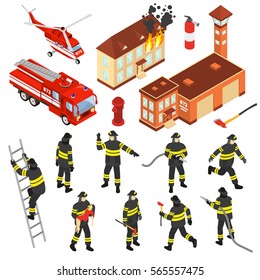 Colored isometric fire department icon set with attributes to extinguish a fire and firefighters vector illustration