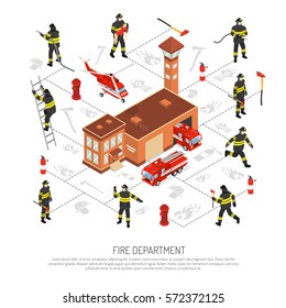 Colored isometric fire department infographic with various situations occurring in fire fighting vector illustration