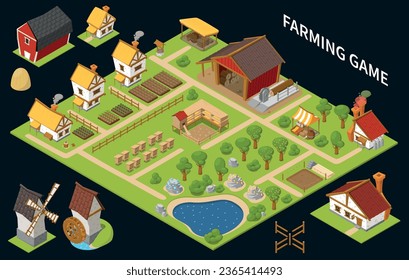 Colored and isometric game concept with farming game headline houses trees and different buildings vector illustration