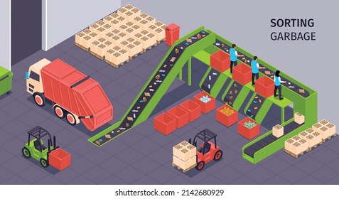 Colored and isometric garbage composition sorting garbage warehouse with workers and equipment vector illustration