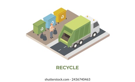 Colored and isometric garbage recycling composition with garbage collecting and workers scavengers vector illustration