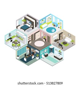 Colored Isometric House On Different Floors Composition With Isolated Rooms And Walls Vector Illustration