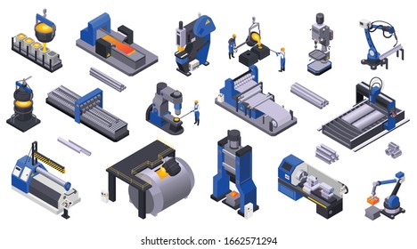 Colored isometric icons set with metal industry  plant machinery and workers 3d isolated vector illustration