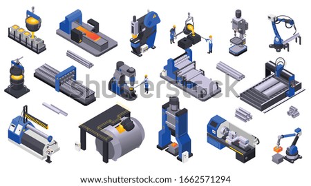 Colored isometric icons set with metal industry  plant machinery and workers 3d isolated vector illustration