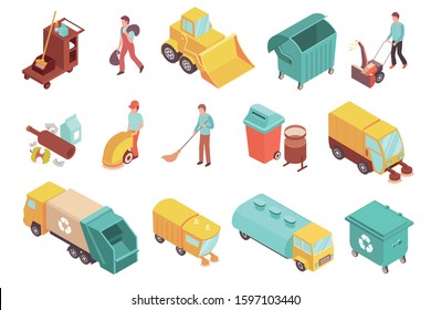 Colored isometric icons set with sweepers garbage and sweeping cars trash containers tools for cleaning streets 3d isolated vector illustration