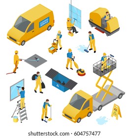 Colored isometric industrial cleaning icon set with people in yellow work uniform vector illustration