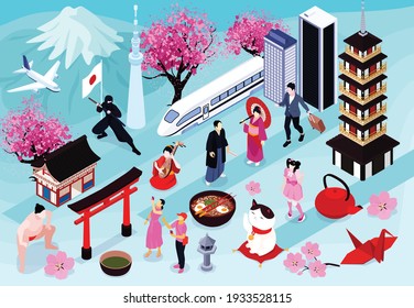 Colored and isometric japan horizontal composition with different traditional food clothing architecture vector illustration