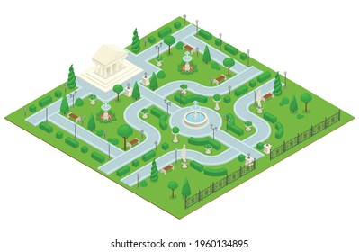 Colored isometric landscape design park composition with a small park with an architectural building and paths of lawn and green trees vector illustration