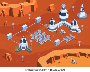 Colored isometric mars colonization illustration with science equipment robots rovers and cosmonauts vector illustration