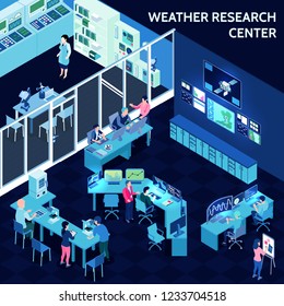 Colored isometric meteorological weather center composition with office in open space style vector illustration