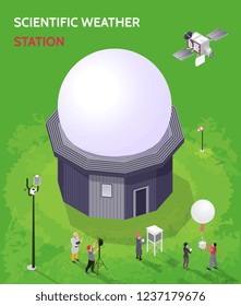 Colored isometric meteorological weather center composition with scientific weather station description vector illustration