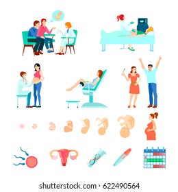 Colored isometric midwifery obstetrics gestation icon set with stages of pregnancy and seeing a doctor vector illustration