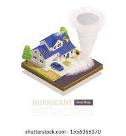 Colored isometric natural disaster composition with hurricane description and read more button vector illustration
