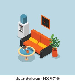 Colored Isometric Office Composition With Light Blue Walls Orange Couch And Cooler Vector Illustration