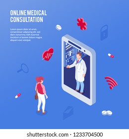 Colored and isometric online medicine doctor concept with online medical consultation headline vector illustration