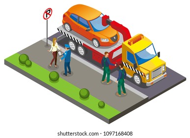 Colored Isometric parking composition with employees take the car to the parking lot because of improper parking vector illustration