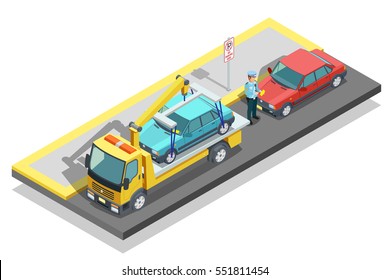 Colored isometric parking composition tow truck working on the roadside and evacuate a parked car vector illustration