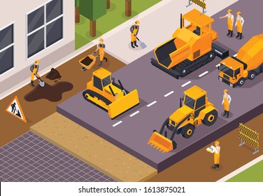 Colored and isometric road construction concept workers laid asphalt on the street vector illustration