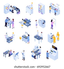 Colored isometric scientific laboratory icon set with laboratory workers on their workplaces vector illustration