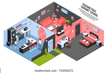 Colored isometric smart home composition with three room and technology at home vector illustration