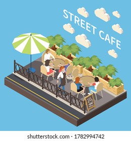 Colored and isometric street cafe terrace composition restaurant with outdoor seating area vector illustration
