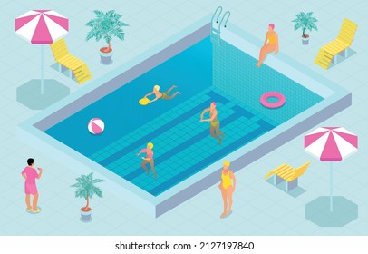 Colored isometric swimming pool composition bright sunny pool with people swimming in it vector illustration