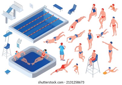 Colored isometric swimming pool icon set two pools sun loungers pool paraphernalia swimmers preparing to swim and jump vector illustration