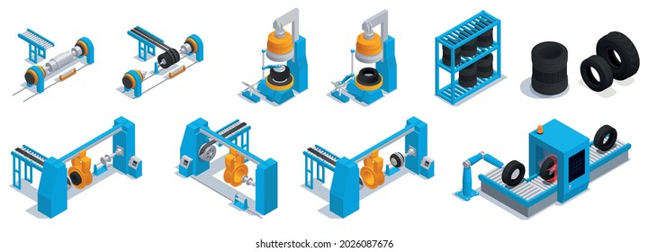 Colored Isometric Tire Production Service Icon Set with tire manufacturing machines in the factory in light blue and orange colors vector illustration