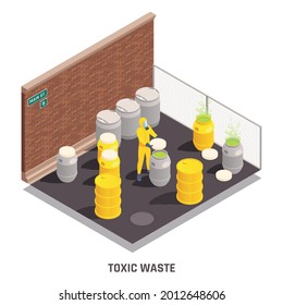 Colored isometric toxic waste nuclear chemical pollution biohazard composition with drums with toxic substances vector illustration
