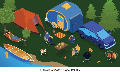 Colored Isometric Trailer Park People Composition With Family Relaxing By The River Vector Illustration