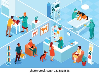 Colored isometric veterinary illustration with rooms in the clinic for different procedures vector illustration