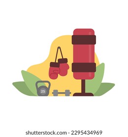 Colored items concerning boxing and sports equipment. Concept of active and healthy lifestyle. Time for workout in gym. Preparation for competition. Vector