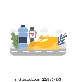 Colored items concerning doing sports and healthy lifestyle. Fresh water and sneakers. Regular physical activity. Time for entertainment and workout. Vector