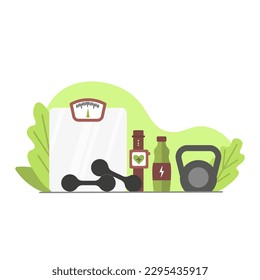 Objetos de color relacionados con la práctica de deportes y la pérdida de peso. Concepto de estilo de vida activo y saludable. Actividad física regular. Tiempo de entrenamiento. Vector