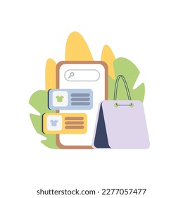Colored items concerning online shopping with mobile application. Digital environment and electronic commerce. Choosing new clothing via Internet. Vector