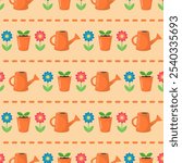 Colored items for gardening. Watering can, flower pot, flower isolated on a peach color  background. Seamless pattern. Background for textile, paper, cover, interior decor.