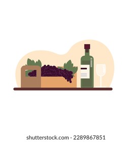 Colored items of homemade wine in bottle and organic grapes in box. Time for making handmade wine. Alcohol drinks from natural ingredients. Wine production industry. Vector