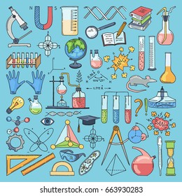 Colored items of science biology and chemical. Vector hand drawn illustrations