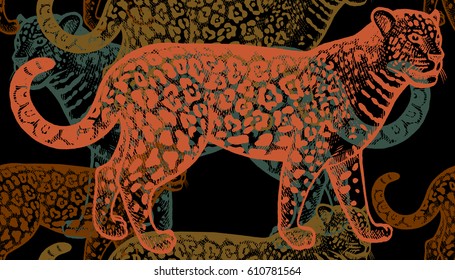 Colored jaguars on a black background. Hand drawing of an animal. Seamless vector pattern. Vintage style engraving. Illustration for creating fabrics, paper, wallpaper, textiles, interior, curtains.