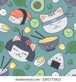 Colored Japanese seamless pattern in kawaii style for kids with cats, sushi and rice. Flat Vector Illustration EPS10