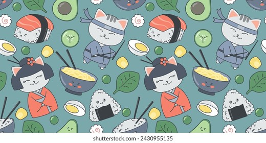 Colored Japanese seamless pattern in kawaii style for kids with cats and sushi. Flat Vector Illustration EPS10