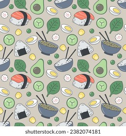 Colored Japanese seamless pattern for kids with sushi. Flat Vector Illustration EPS10