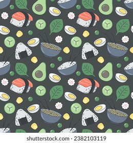 Colored Japanese seamless pattern for kids with sushi. Wrapping paper design. Flat Vector Illustration EPS10