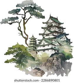 Colored Japanese Temple Vector, Print, Illustration