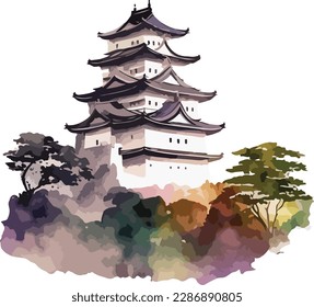 Colored Japanese Temple Vector, Print, Illustration