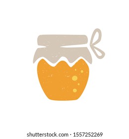 Colored jar of honey isolated on transparent background. Vector shabby hand drawn illustration