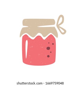 Colored jar of jam or jelly isolated on transparent background. Cozy jam pictogram original design. Vector shabby hand drawn illustration