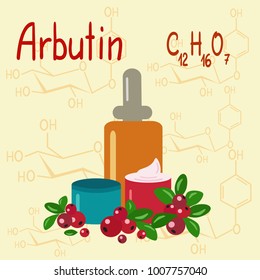 Colored jars and bottles of cream with the arbutin. The berries of bearberry and cowberry. Chemical formula and graphical scheme of arbutin. Vector  svg