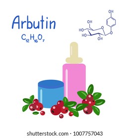 Colored jars and bottles of cream with the arbutin. The berries of bearberry and cowberry. Chemical formula and graphical scheme of arbutin. Vector  svg