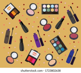 colored jars, boxes and bottles with mascara, blush, eyeshadow, lipstick scattered randomly on a yellow background